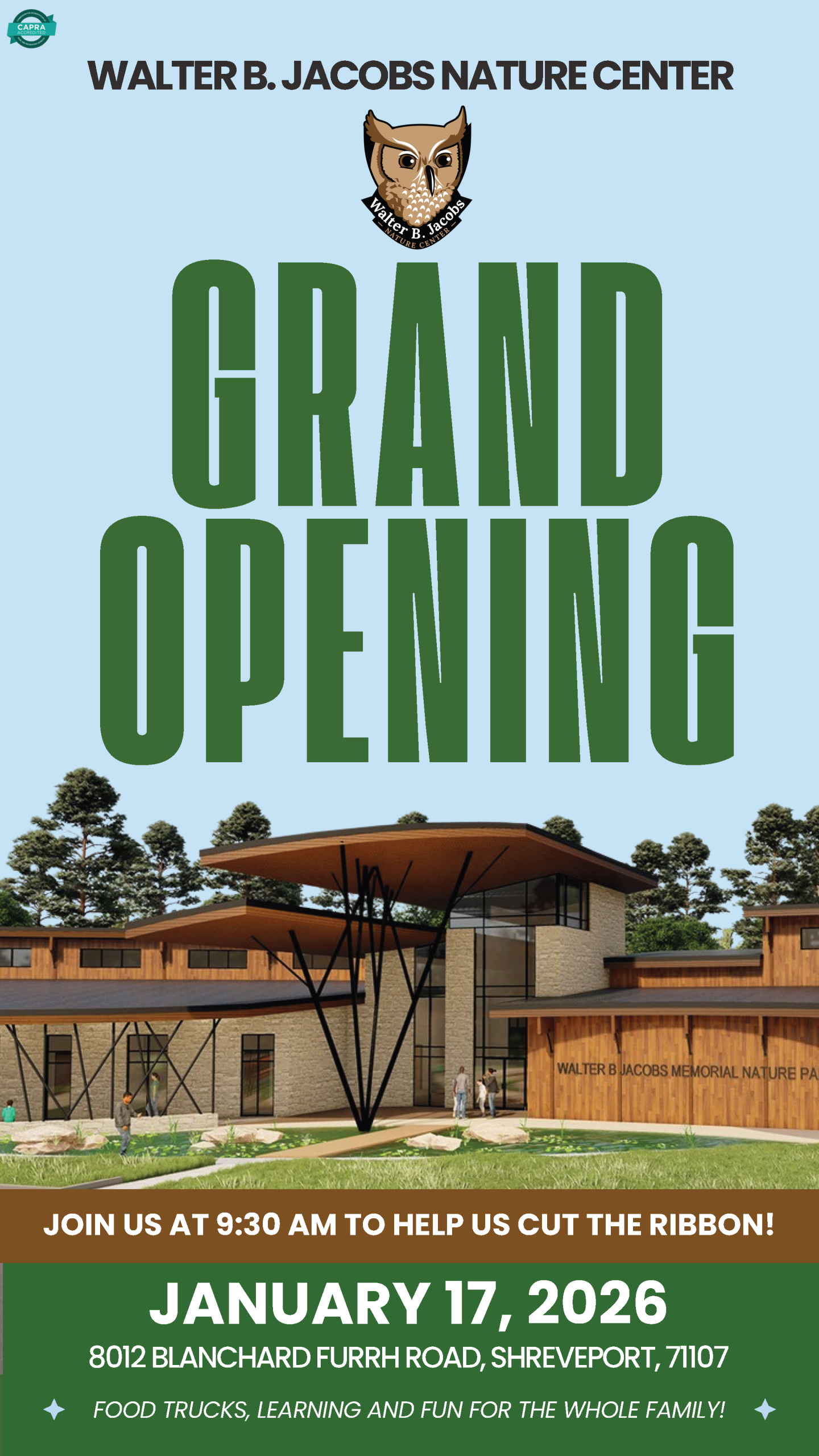 Featured image for “Caddo Parish to celebrate public reopening of Walter B. Jacobs Nature Center January 17”